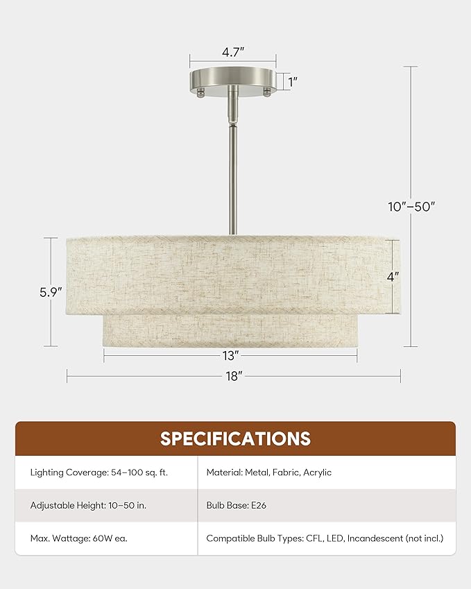 VONLUCE Modern Chandeliers, 18" Drum Chandeliers with 2-Layer Fabric Shade, 4-Light Pendant Light Fixture with E26 Base, Light Fixture for Dining Room Bedroom Living Room, Linen Shade & Nickel Finish