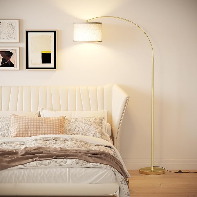 SUNMORY Arc Floor Lamp with 3 Color Temperature, Modern Floor Lamp with 9w A19 LED Bulb, 75″ Height Tall Lamp for Living Room with Hanging Drum Shade & Weighted Base. Arched Standing Lamp for Bedroom