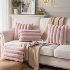 Faux Fur Plush Throw Pillow Covers 16x16 Inch Set of 2 - Luxury Decorative Fuzzy Striped Soft Cozy Pillowcase for Couch, Sofa, Living Room - Pink