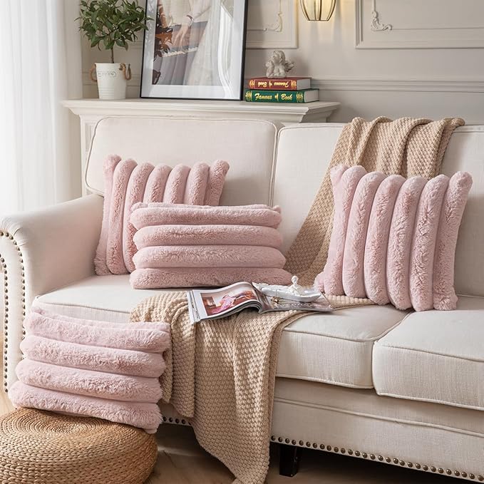 Faux Fur Plush Throw Pillow Covers 12x20 Inch Set of 2 - Luxury Decorative Fuzzy Striped Soft Cozy Pillowcase for Couch, Sofa, Living Room - Pink