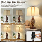 Bedside Lamps Set of 2-23.5" Vintage Table Lamp with USB A+C and Nightlight - Brown Carved Resin Farmhouse Desk Lamp for Bedrooms, End Tables, Living Room, Bulbs Included