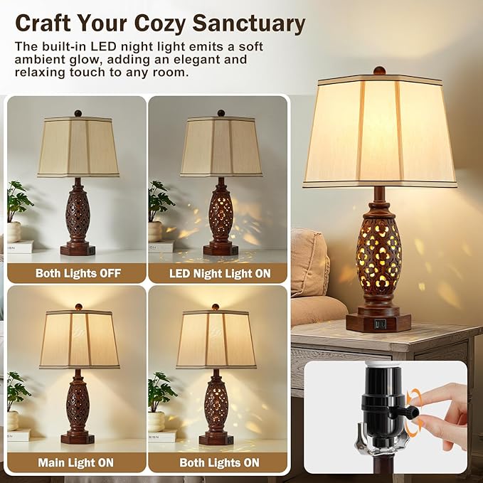 Bedside Lamps Set of 2-23.5" Vintage Table Lamp with USB A+C and Nightlight - Brown Carved Resin Farmhouse Desk Lamp for Bedrooms, End Tables, Living Room, Bulbs Included