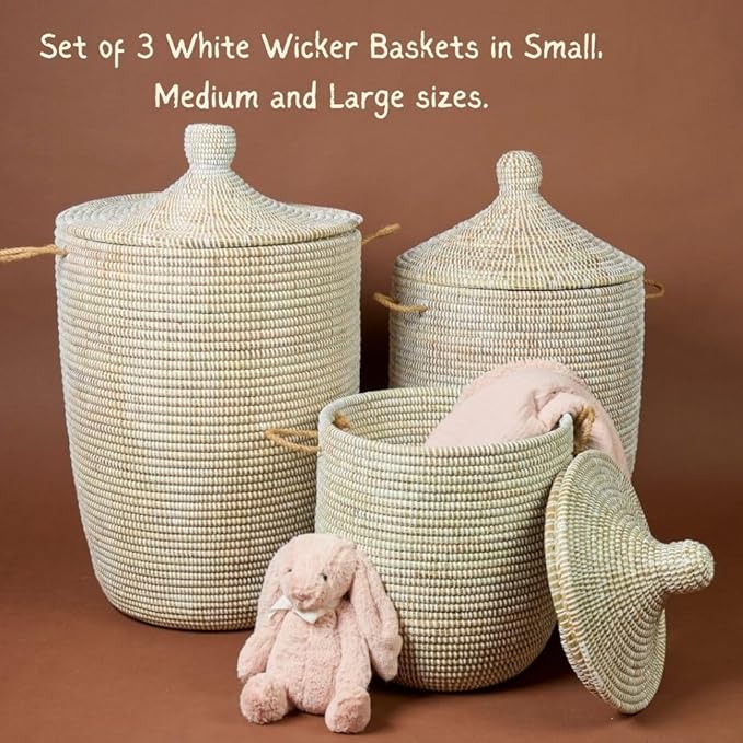 Wicker Basket, Storage & Organization, Home Decor, Laundry Hamper Bedroom, Baby Nursery Toys Bin, Blankets Storage Living Room, Bathroom Towels Holder, Woven, Round, Lid, Handles, White, Small