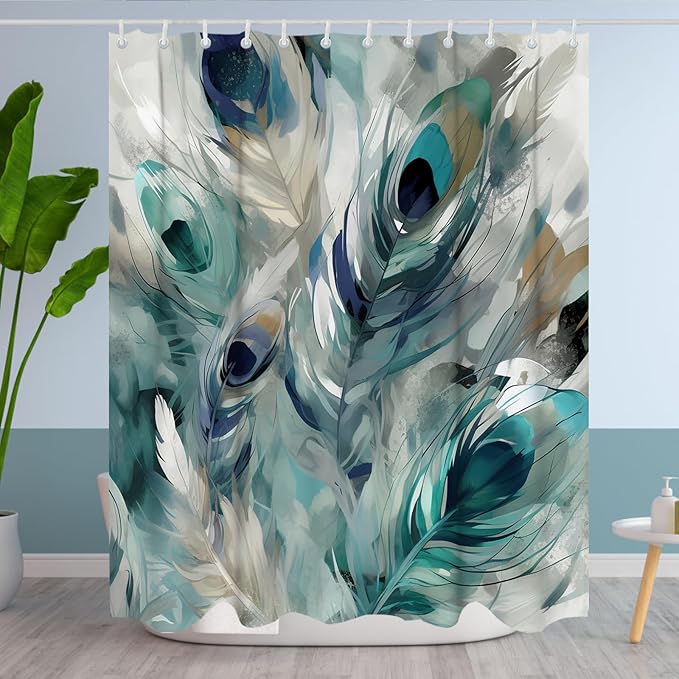 Vintage Peacock Feathers Theme Bathroom Bathtubs Fabric Shower Curtain Watercolor Peafowl Feather Shower Curtain Set with 12 Hooks 72x84 inch Polyester Machine Washable, Blue Grey and White
