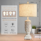 Set of 2 Farmhouse Table Lamps, 27.5'' Tall Rustic Bedside Lamps with USB Ports, Vintage Nightstand Lamp Leafwork White Resin Lamp with Rotary Switch for Living Room,Bedroom, End Table, Decor