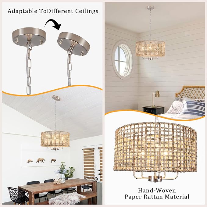 18.9'' Hand Woven Rattan Chandelier, 5-Light Rattan Pendant Light Farmhouse Chandeliers for Dining Room Light Fixture, Rustic Chandelier Wicker Hanging Pendant Lighting for Bedroom Living Room Foyer