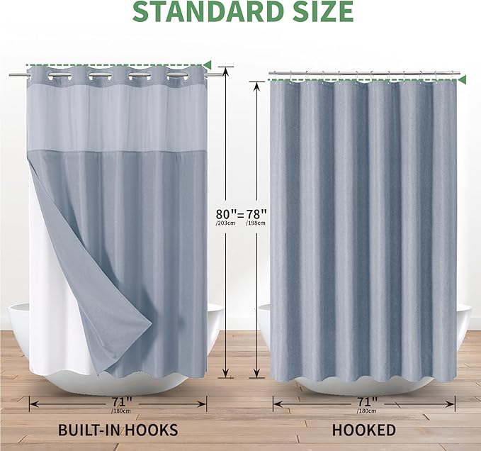 Blue Long No Hook Shower Curtain with Snap-in Fabric Liner Set,Slub Textured Fabric Shower Curtains for Bathroom,Hotel Style Modern Shower Curtain,Water Repellent & Washable,71x80(78)