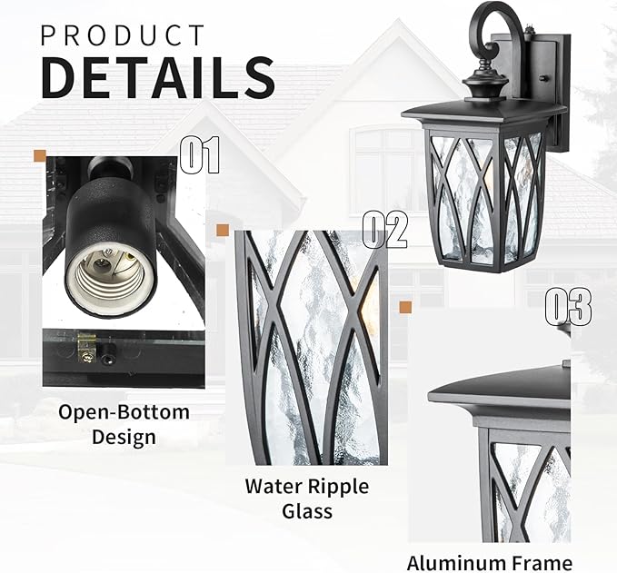 Outdoor Porch Light Wall Mount,18'' Exterior Waterproof Wall Lighting Fixtures,Wall Sconce Light with E26 Socket & Water Ripple Glass Shades, Matte Black Outside Wall Lantern for Patio Front Door