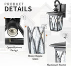 Outdoor Porch Light Wall Mount,18'' Exterior Waterproof Wall Lighting Fixtures,Wall Sconce Light with E26 Socket & Water Ripple Glass Shades, Matte Black Outside Wall Lantern for Patio Front Door