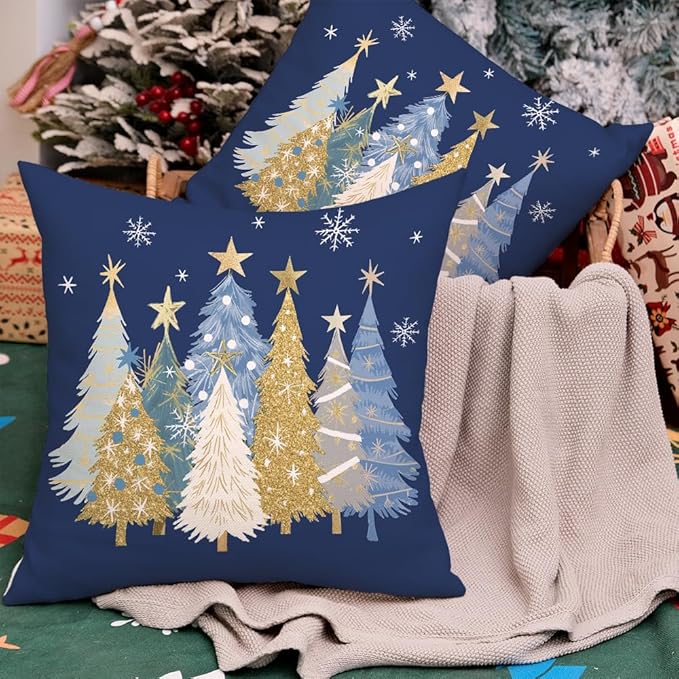 AACORS Christmas Pillow Covers 18X18 Set of 2,Watercolor Christmas Tree Stars Decoration Holiday Farmhouse Winter Pillow Case for Sofa Couch Decor（Blue） AA608-18-2