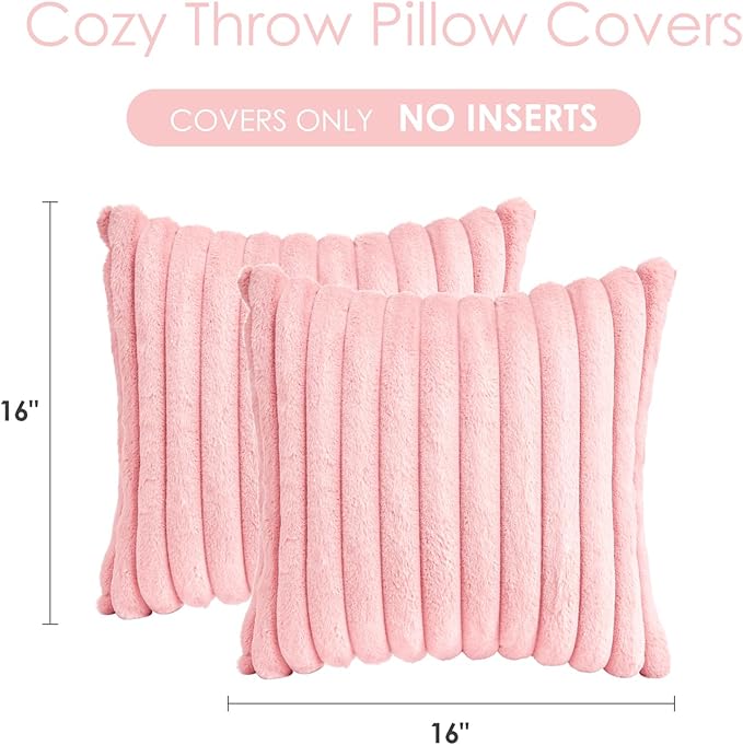 Throw Pillow Covers Decorative Faux Fur Set of 2 16x16 Inch Pillow Covers, Soft Pink Plush Striped Pillowcases for Couch Sofa Bed Living Room, Fluffy Cute Home Boho Accent Fuzzy Decor