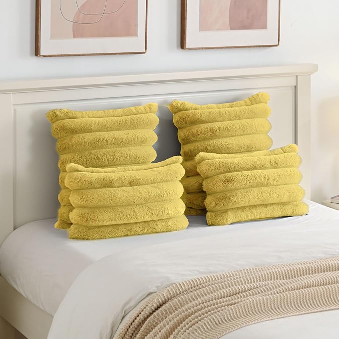 FUTEI Mustard Yellow Decorative Throw Pillow Covers 22x22 Inch Set of 2, Square Soft Faux Rabbit Fur Big Striped Cushion Cover,Home Decor for Couch Sofa Bed Living Room