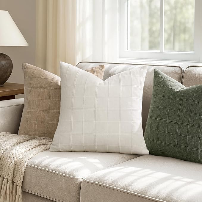 Woaboy Linen Check Throw Pillow Covers Set of 2 - Cream White Farmhouse Modern Boho Vintage Christmas Decorative Cushion Covers for Sofa Couch Bedroom Living Room Decor 22x22 Inch