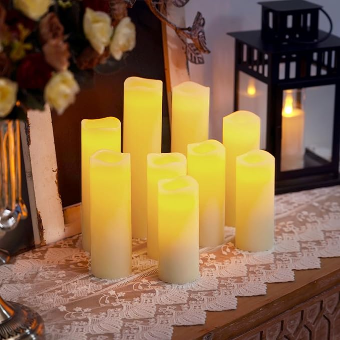 Homemory Ivory LED Pillar Candles - Battery Operated Candle, Real Wax Flameless Candles, 4-9" Set of 9, Unscented, Remote & Timer