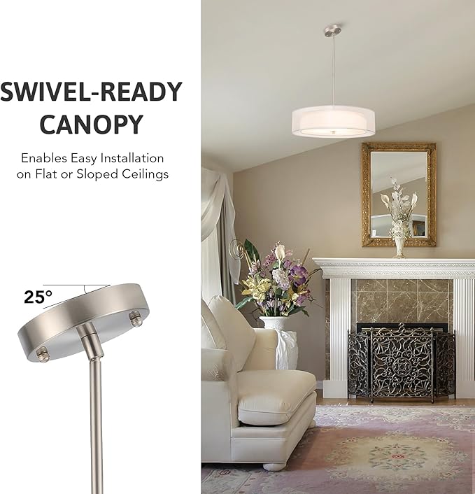 VONLUCE 3-Light Drum Chandeliers, 20" Pendant Light Fixture with 2-Layer Fabric Shade E26 Bases, Adjustable Swivel Joint Hanging Light Fixture for Bedroom Living Room Kitchen Hallway, Brushed Nickel
