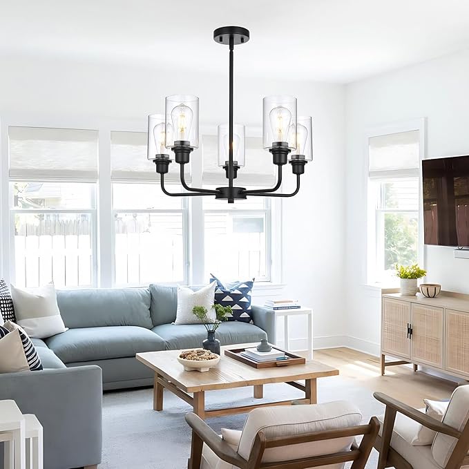 5-Light Modern Black Chandelier with Clear Glass Shades, E26 Base Farmhouse Pendant Light Fixture, Adjustable Swivel Heads Ceiling Lighting, Industrial Chandelier for Dining Room Kitchen Hallway