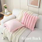 FUTEI Pink Decorative Throw Pillow Covers 20x20 Inch Set of 2, Square Soft Faux Rabbit Fur Big Striped Cushion Cover,Home Decor for Couch Sofa Bed Living Room