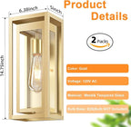 15" Large Gold Outdoor Light Fixture Wall Mount, 2 Pack Waterproof Outdoor Sconces, Modern Wall Lights with Clear Glass Shade for Front Door, Porch, Garage