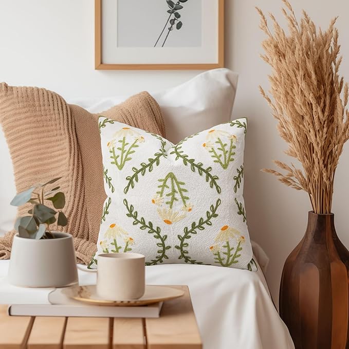 Adabana Embroidered Pillow Cover Set of 2 Farmhouse Decorative Floral Throw Pillow Covers 18x18 inch for Couch Sofa Bed Living Room Decor Green and White