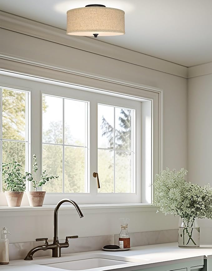 Kira Home Newport 14" Modern 2-Light Semi-Flush Mount Ceiling Light + Beige Linen Drum Shade, Oil-Rubbed Bronze Finish