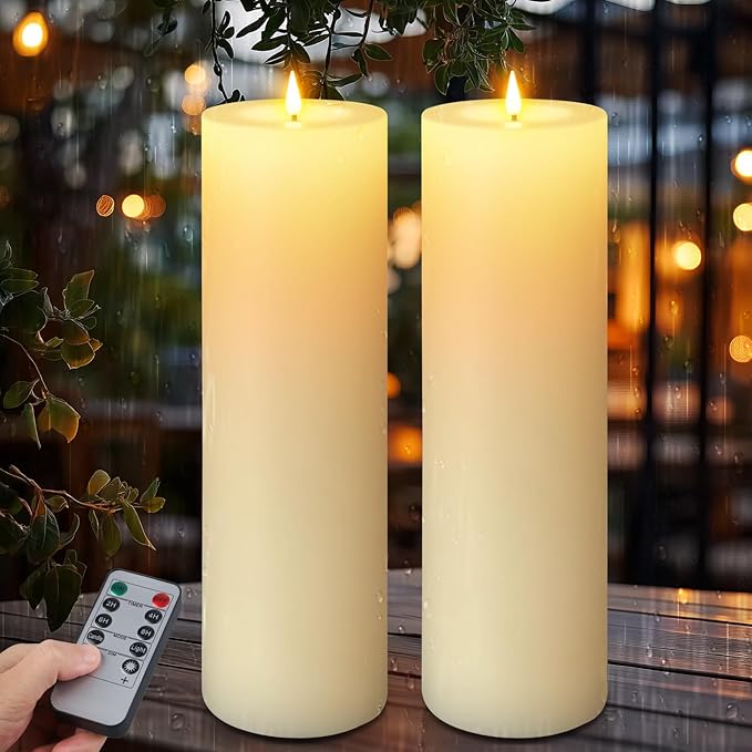 12" x 4" Large Outdoor Candles, Waterproof Flickering LED Flameless Candles with Timer, Battery Operated Candles with Remote Control Realistic Fake Pillar for Patio Porch Lanterns, Ivory 2 Pack