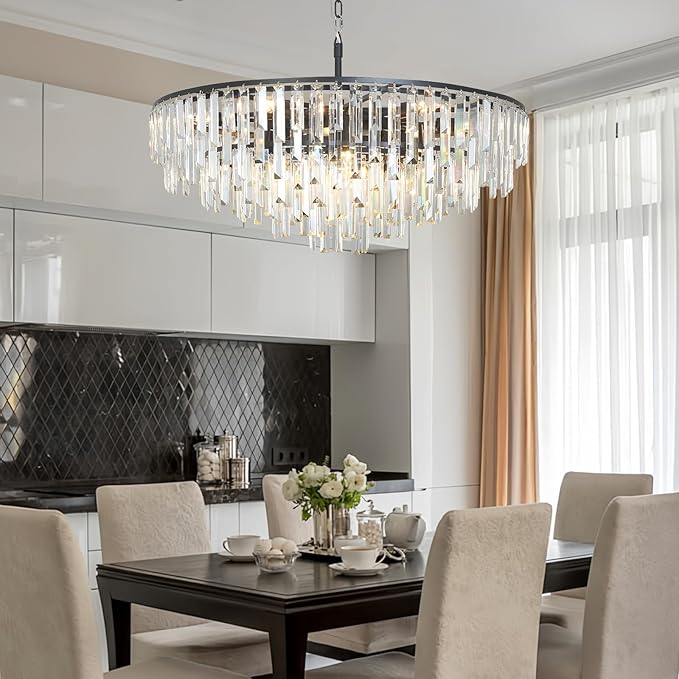 Modern Crystal Chandelier Black, 32" Round Luxury Top K9 Crystal Chandeliers 6-Tier 13 Lights Large Adjustable Height Ceiling Hanging Pendant Light Fixture for Living Room Bedroom Foyer