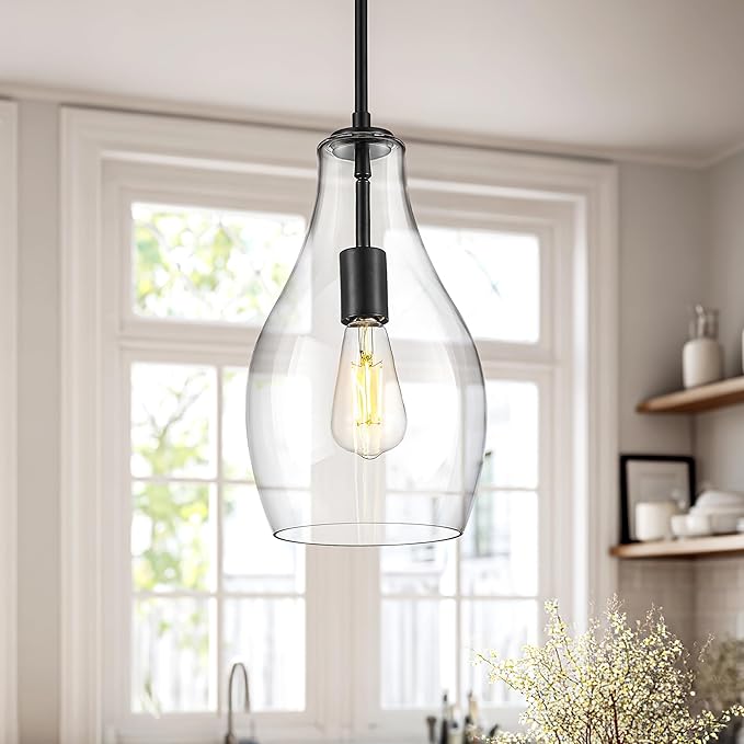 2-Pack Pendant Lights Kitchen Island, 8" Black Hanging Light Fixtures with Clear Glass Shade, Modern Lagre Kitchen Pendant Lighting Over Island for Dining Room, AD-25045-2PB-BK