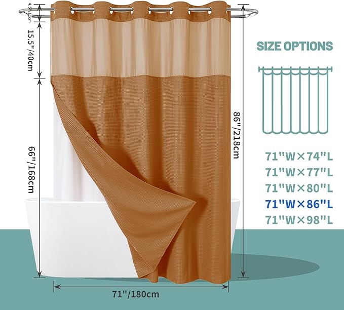 BurntOrange Extra Long No Hook Waffle Weave Shower Curtain with snap-in Liner Replacement, 230GSM Waterproof Fabric Hotel Shower Curtain Set for Bathroom, Through Mesh Top Window,71Wx86H