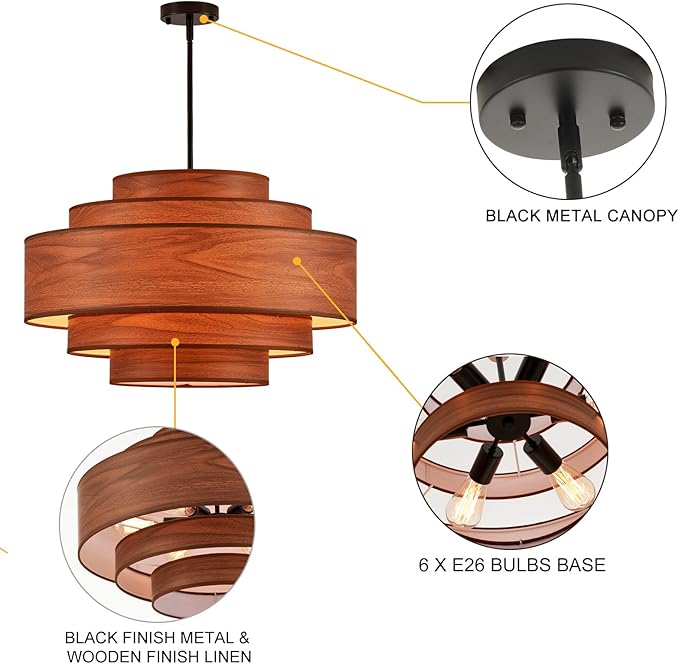 Farmhouse 26" Large Drum Wooden Chandelier Vintage 6-Lights Chandelier with Wooden Finish Linen Shade Retro Drum Chandeliers for Dining Room, Kitchen Island, Living Room, Bedroom