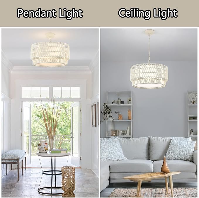 18” Rattan Chandelier Light Fixtures, 3-Light Dining Room 2-Tier Bohemian Coastal Woven Modern Hanging Drum Lighting with Fabric Shade for Living Room Kitchen Island Entryway Hallway