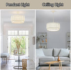 18” Rattan Chandelier Light Fixtures, 3-Light Dining Room 2-Tier Bohemian Coastal Woven Modern Hanging Drum Lighting with Fabric Shade for Living Room Kitchen Island Entryway Hallway