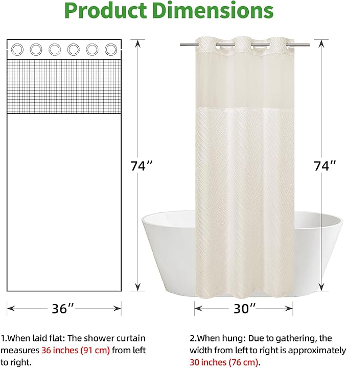 stall no Hook Tufted Shower Curtain with snap in Liner Set, White Waterproof Fabric Inner Liner,Boho Style Shower Curtain with See Through top Window, Cream, 36Wx74H
