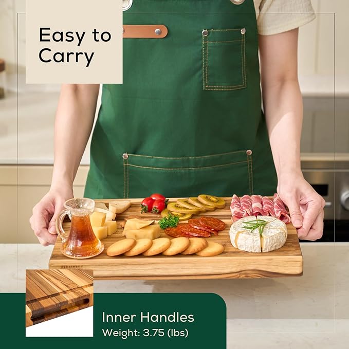 Non-Toxic Teak Wood Cutting Board & Serving Board, Pre-Oiled Edge Grain with Juice Groove and Handles, Knife Friendly, Food Grade Mineral Oil Coating (S 14" x 10" x 1", 3.75 lbs)