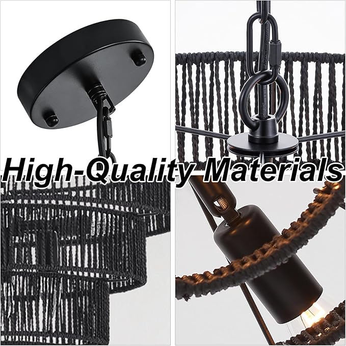 Black Rattan Chandelier Vintage Farmhouse 6-Lights Boho Hand-Woven Bamboo Black Chandeliers Light Fixture Retro Drum Wicker Chandelier for Dining Room, Kitchen, Living Room, E12