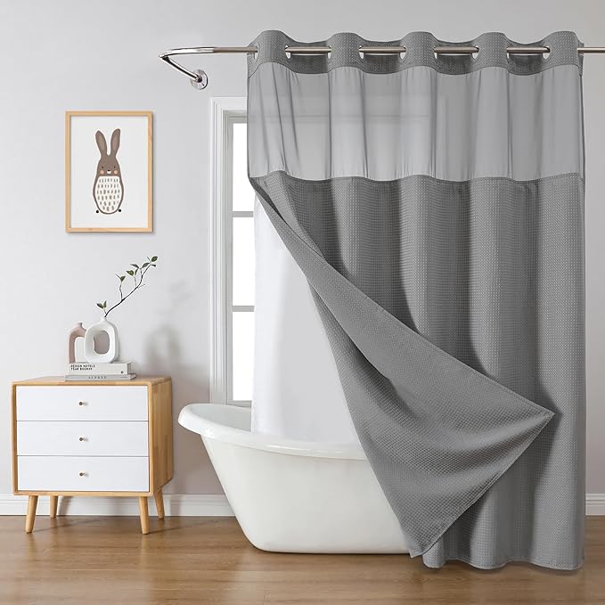 Grey Long No Hook Waffle Weave Shower Curtain with snap-in Liner Replacement, 230GSM Waterproof Fabric Hotel Shower Curtain Set for Bathroom, Through Mesh Top Window,71Wx80H