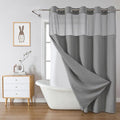 Grey Long No Hook Waffle Weave Shower Curtain with snap-in Liner Replacement, 230GSM Waterproof Fabric Hotel Shower Curtain Set for Bathroom, Through Mesh Top Window,71Wx80H