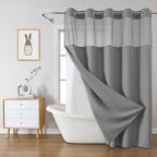 Grey Long No Hook Waffle Weave Shower Curtain with snap-in Liner Replacement, 230GSM Waterproof Fabric Hotel Shower Curtain Set for Bathroom, Through Mesh Top Window,71Wx80H