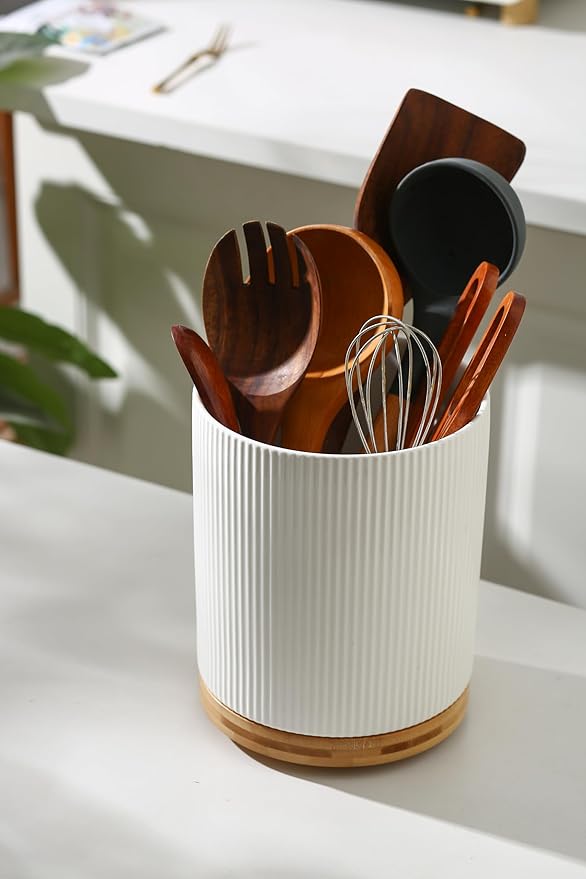 KSENDALO 7.8" Rotating Untensil Holder for Countertop, 360° Jumbo Ceramic Kitchen Organizer Utensil Crock with Rotable Bamboo Base- Modern Countertop Storage for Spatulas & Spoons, Flowers etc, White