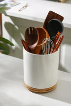 KSENDALO 7.8" Rotating Untensil Holder for Countertop, 360° Jumbo Ceramic Kitchen Organizer Utensil Crock with Rotable Bamboo Base- Modern Countertop Storage for Spatulas & Spoons, Flowers etc, White