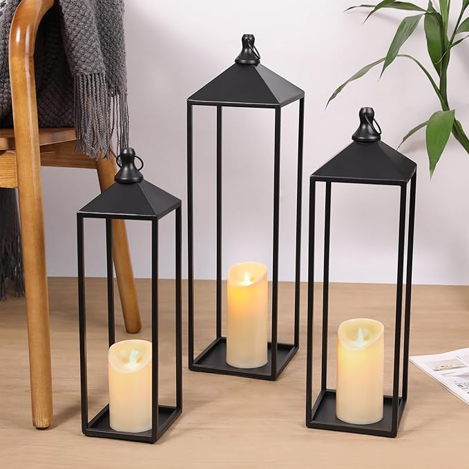 22'' 19'' 17'' Lanterns Decorative Outdoor Indoor, Set of 3 Black Metal Candle Lanterns Halloween Lanterns Modern Farmhouse Floor Lantern Decor for Room, Porch, Mantle, Patio, Garden