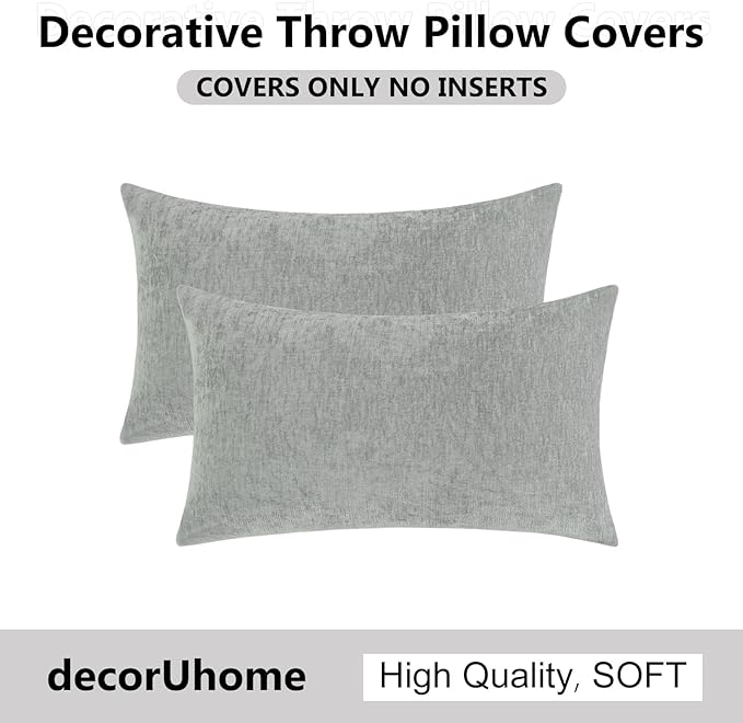 decorUhome Chenille Grey Throw Pillow Covers 12x20 Inch Set of 2, Decorative Soft Couch Pillow Covers Solid Dyed Accent Velvet Farmhouse Neutral Rectangle Pillow Cases for Sofa Bed Living Room