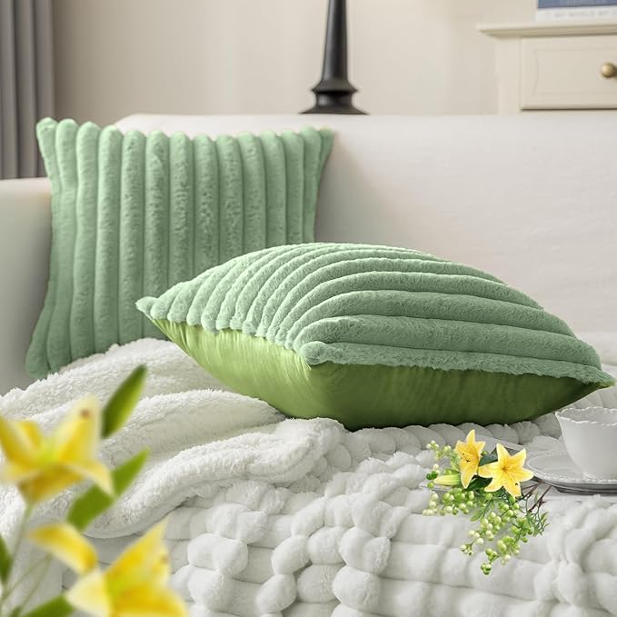 MOSAYT Spring Faux Fur Throw Pillow Covers 18x18, Set of 2, Plush Velvet Soft Pillow Case,Fluffy Striped Decorative Couch Pillow Covers for Sofa, Bedroom, Living Room(Sage Green)