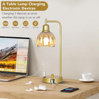 Mid Century Table Lamp With USB Port And Outlet Set Of 2, Amber Glass Bedside Table Lamp For Bedroom, Retro Desk Lamps For Home Office, Vintage Night Stand Lamps, Modern Gold Industrial Desk Light