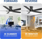 YUHAO 52 Inch Flush Mount Black Ceiling Fan with Light and Remote Control.Noiseless,Dimmable,3CCT,6 Speeds Reversible, Low Profile DC Ceiling Fans for Indoor Use