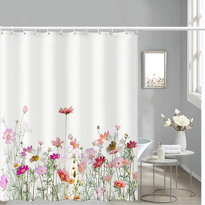 Floral Shower Curtain - 72" W x 78" L, with 12 Hooks, Hem Weighted Bathtub Shower Curtain for Bathroom