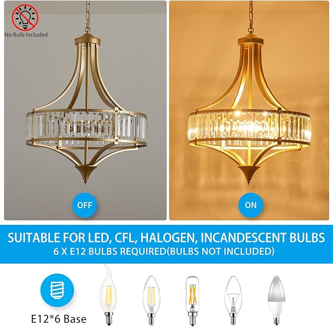 XINGQI 21.6" Modern Gold 6-Light Crystal Chandelier for Dining Room Large Round Pendant Lightting Fixture for Living Room Kitchen Island Bedroom