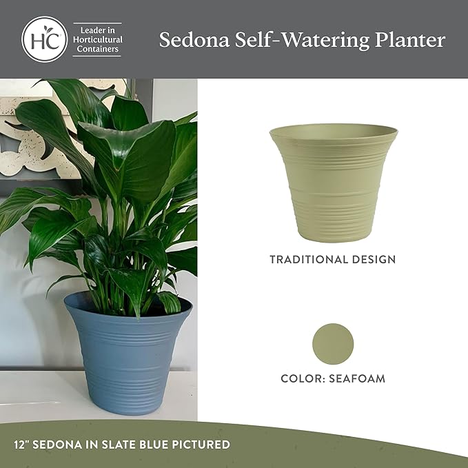 The HC Companies Sedona Round Self-Watering Pot - Lightweight Self Care Planter - Plastic Planter for Herbs & More - Durable Plant Pots for Indoor Plants & Outdoor Plants (7" Seafoam, Pack of 4)