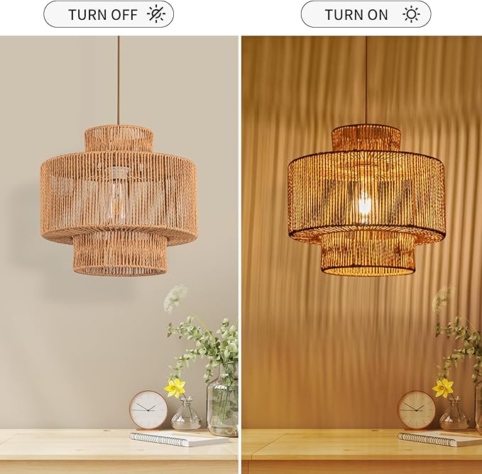 Rattan Pendant Light Fixture Boho Hanging Light Woven Rattan Ceiling Light Adjustable Basket Light Fixture for Kitchen Island Hallway Bedroom Dinning Table Nursery Light