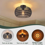 Boho Ceiling Lights Fixtures Black Rattan Chandelier Light Small Rattan Flush Mount Ceiling Lighting Hand-Woven Chandelier for Nursery Light Fixture Kitchen Bedroom Hallway
