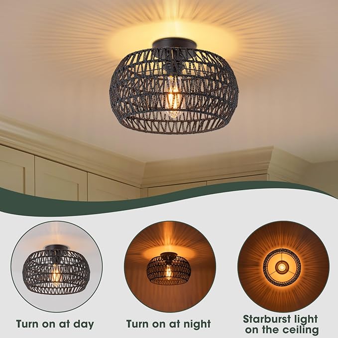 Boho Ceiling Lights Fixtures Black Rattan Chandelier Light Small Rattan Flush Mount Ceiling Lighting Hand-Woven Chandelier for Nursery Light Fixture Kitchen Bedroom Hallway